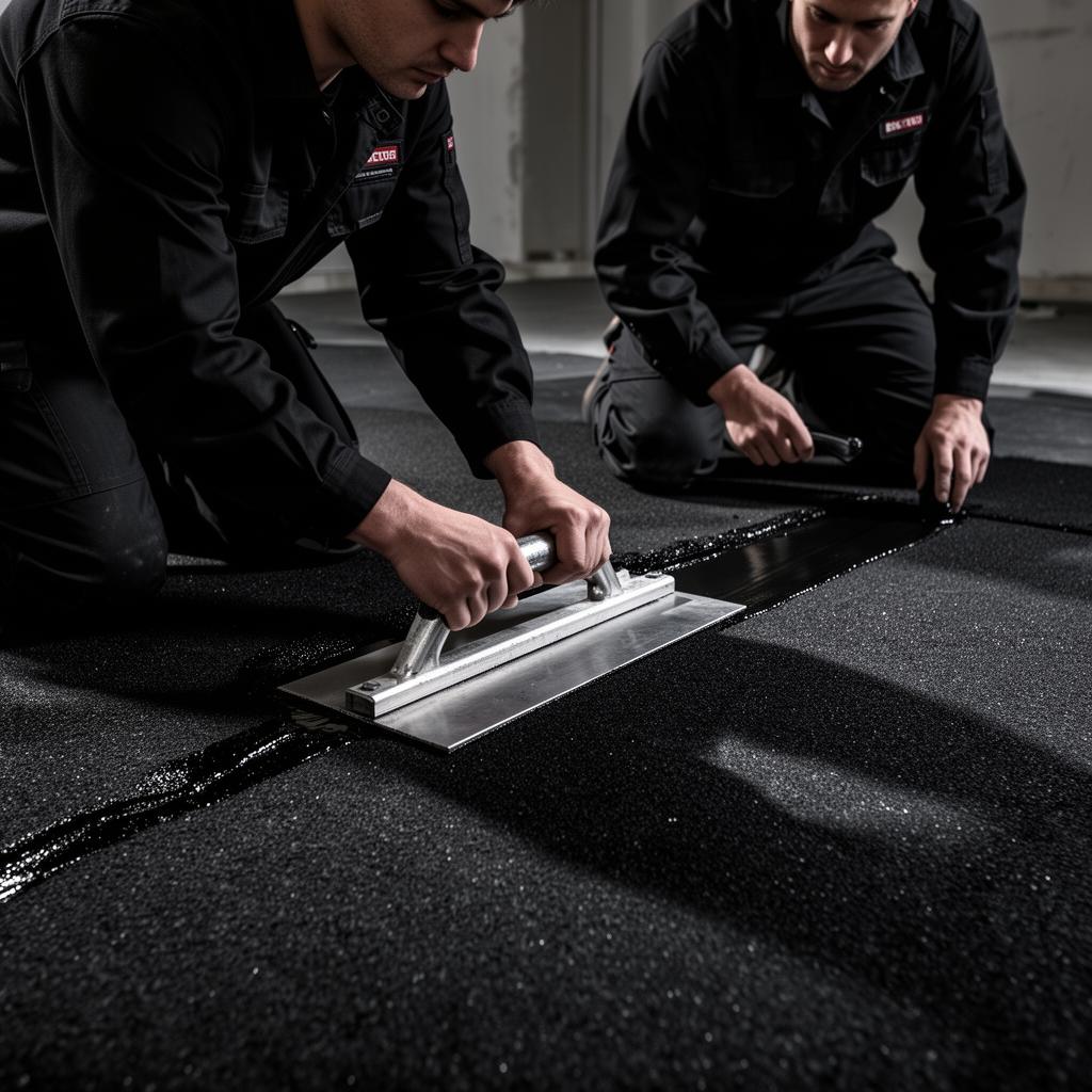 Instaladores con uniforme negro aplicando moqueta de piedra Jet Black con llana