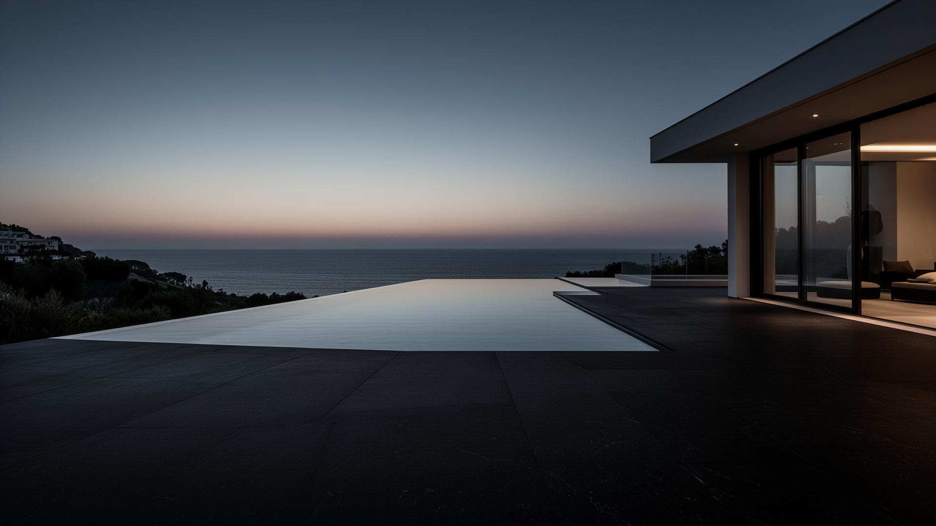 Piscina infinity de villa de lujo con pavimento Jet Black mate Steinteppich