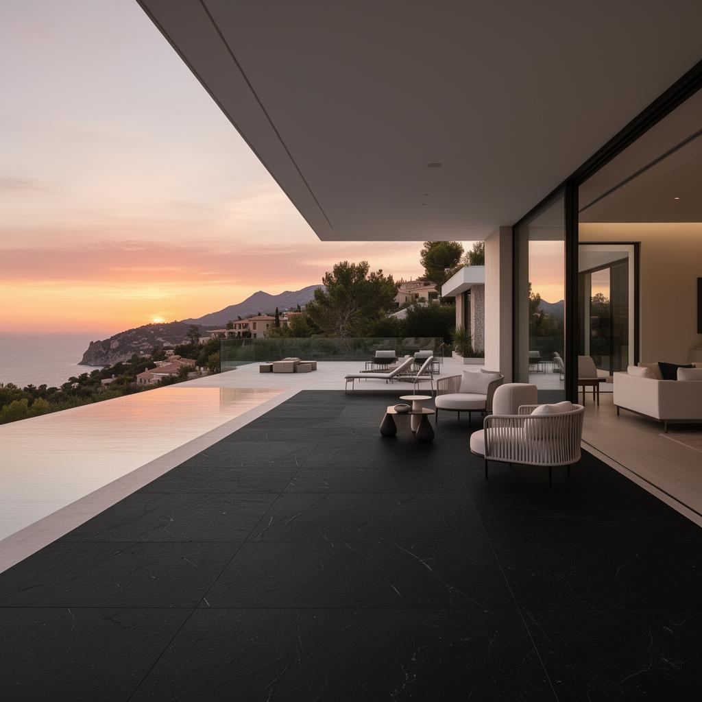 Patio exterior de villa de lujo con pavimento Jet Black continuo